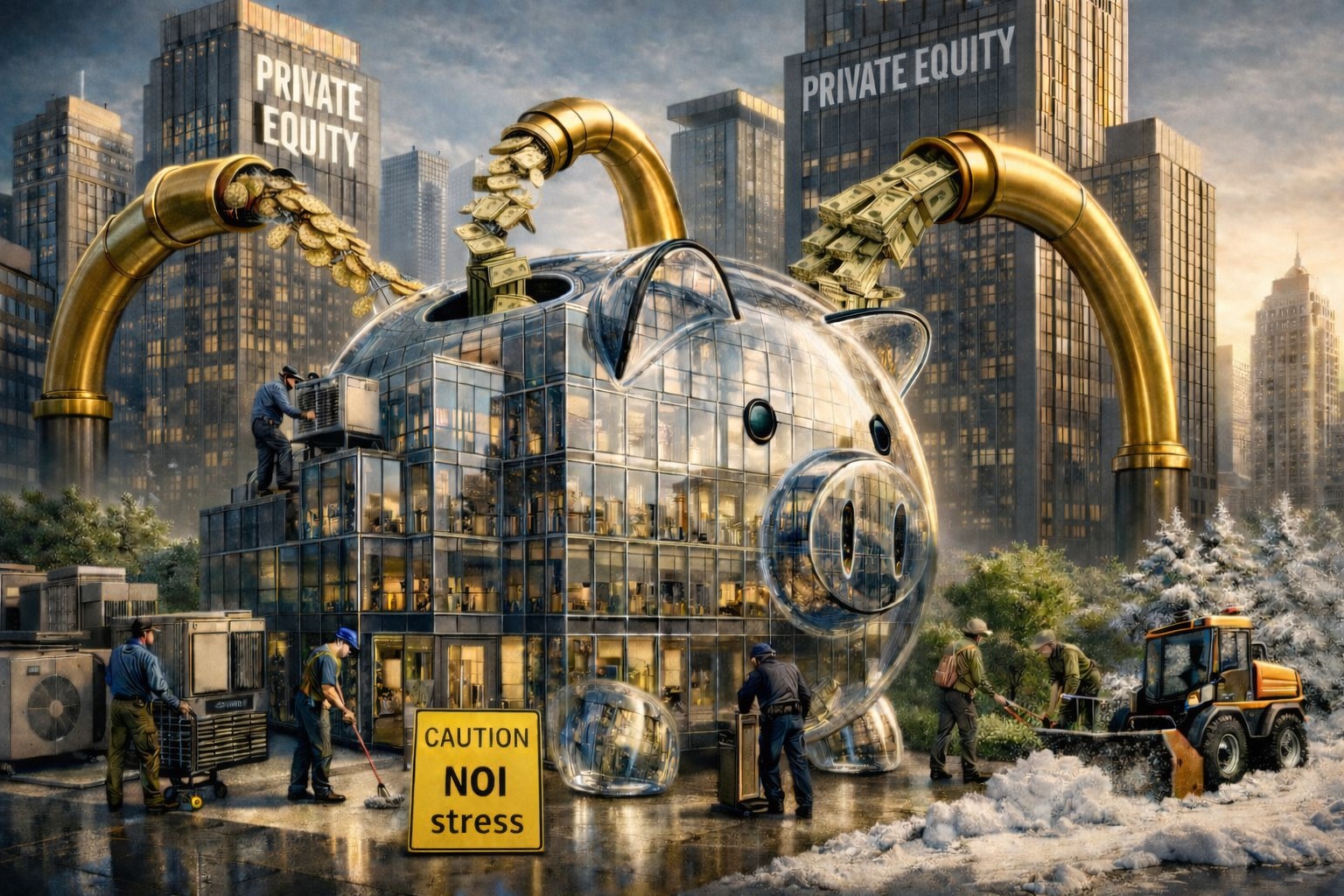 Private equity piggy bank building illustration for vendor consolidation and NOI stress