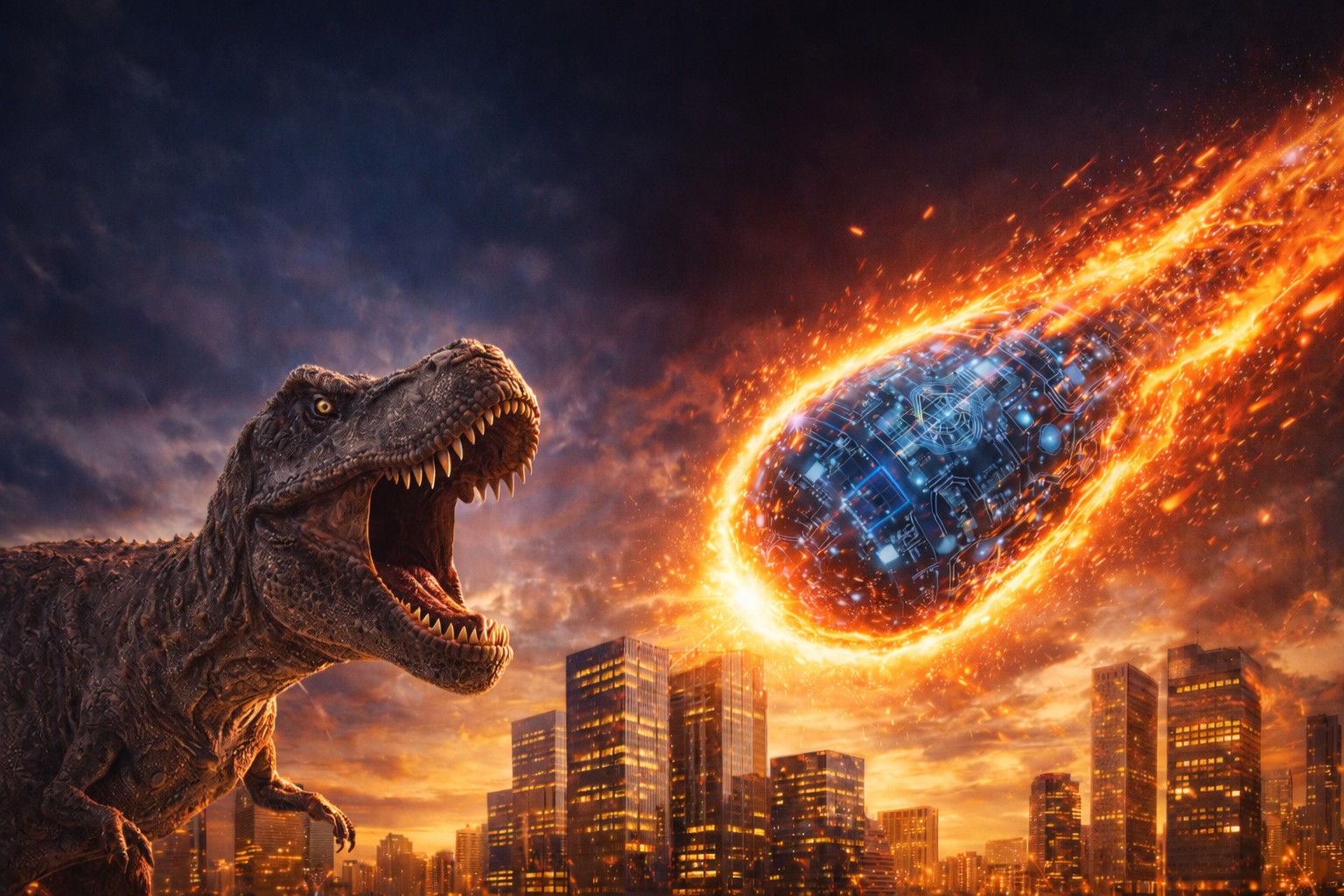 Dinosaur and technology meteor over commercial real estate skyline